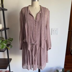 Joie Silk Dropwaist Houndstooth Half Placket Long Sleeve Dress-Neck Bow-Size M